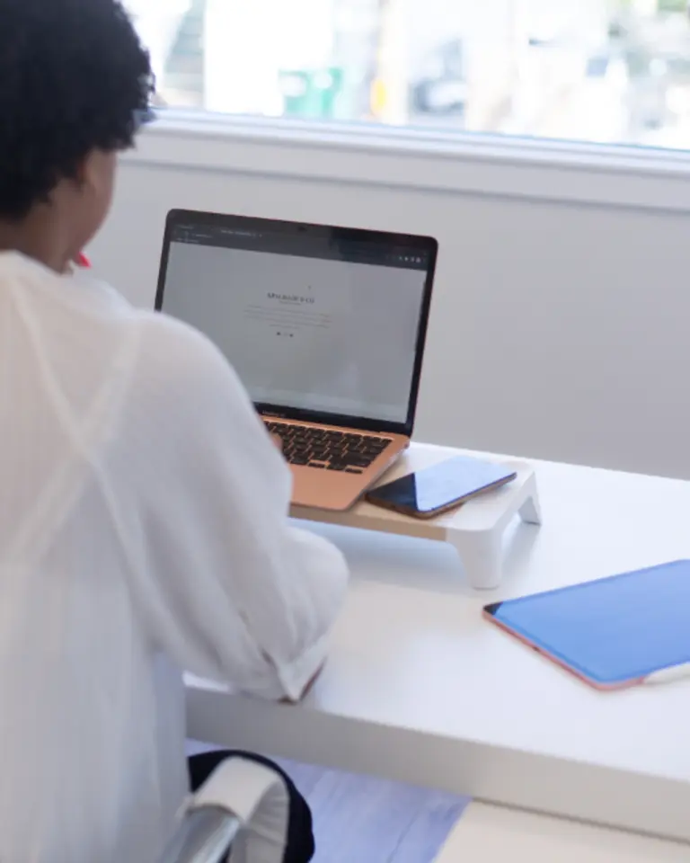 Someone at a laptop on a bright desk by the window